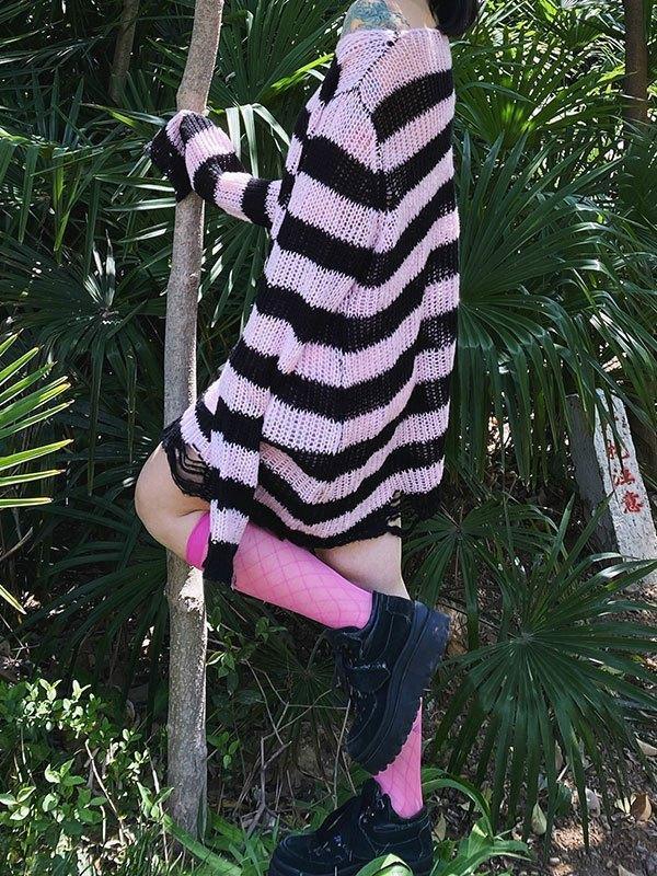 Distressed Stripe Longline Sweater