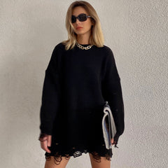 Distressed Trim Pullover Sweater Mini Dresses - Black