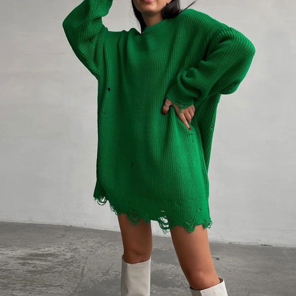 Distressed Trim Pullover Sweater Mini Dresses - Emerald Green