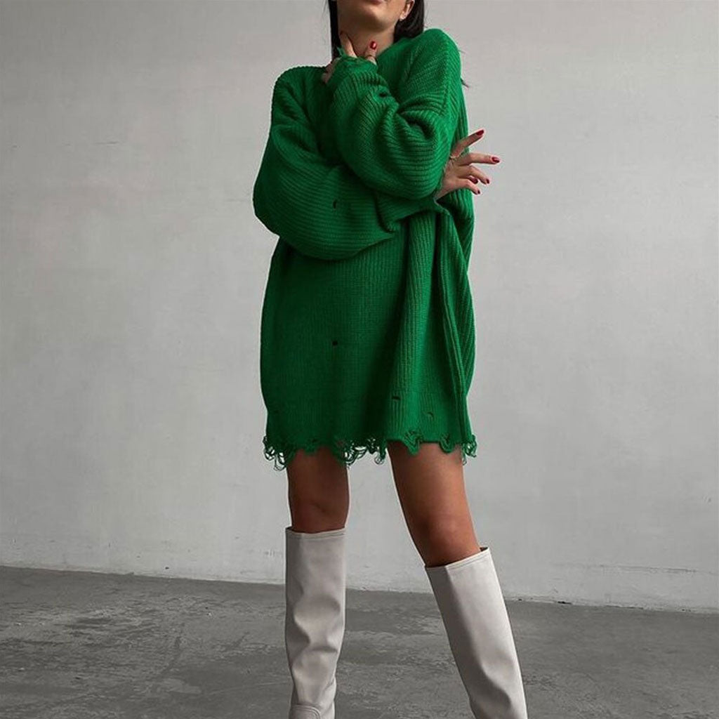 Distressed Trim Pullover Sweater Mini Dresses - Emerald Green