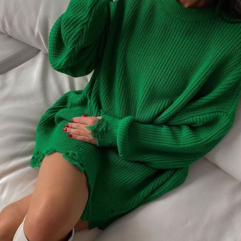 Distressed Trim Pullover Sweater Mini Dresses - Emerald Green