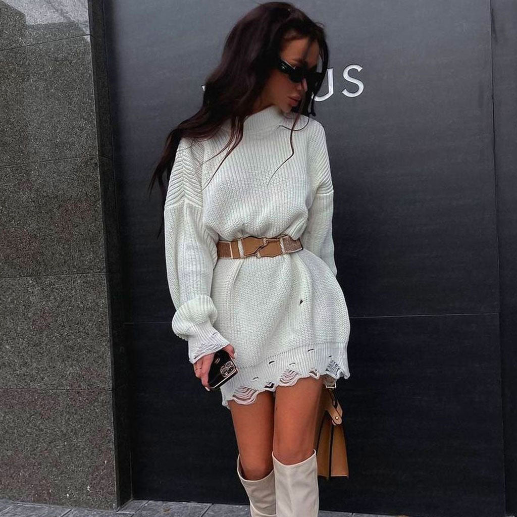 Distressed Trim Pullover Sweater Mini Dresses - White