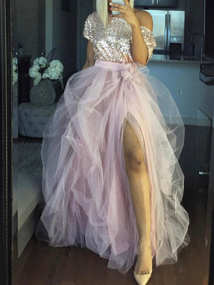 High Waisted Slit Tulle Skirt