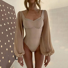 High Cut Mesh Puff Sleeves Sweetheart Bodysuit  - Khaki