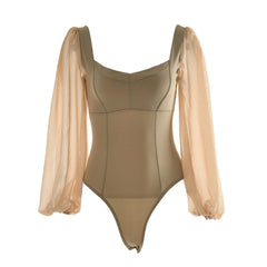 High Cut Mesh Puff Sleeves Sweetheart Bodysuit  - Khaki