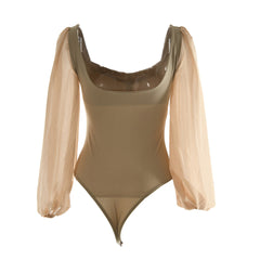 High Cut Mesh Puff Sleeves Sweetheart Bodysuit  - Khaki