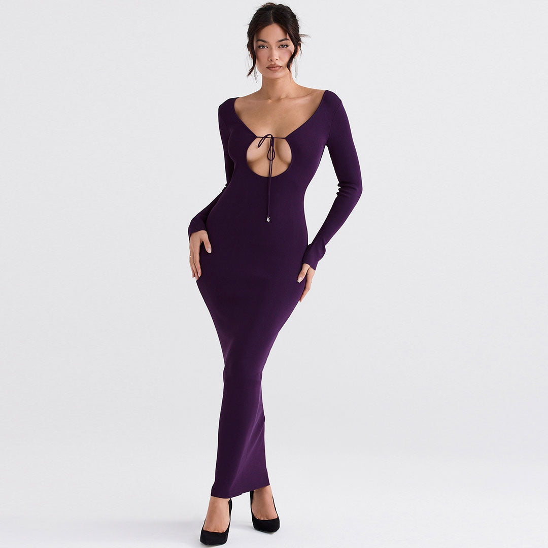 Solid Color Long Sleeve Bodycon Maxi Dresses - Purple