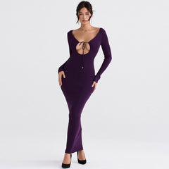 Solid Color Long Sleeve Bodycon Maxi Dresses - Purple