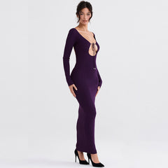 Solid Color Long Sleeve Bodycon Maxi Dresses - Purple