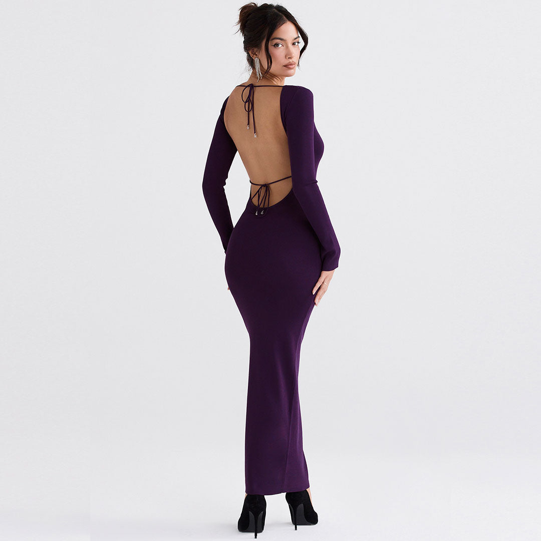 Solid Color Long Sleeve Bodycon Maxi Dresses - Purple