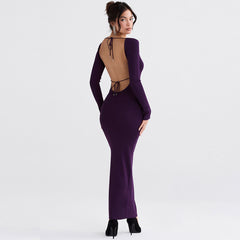 Solid Color Long Sleeve Bodycon Maxi Dresses - Purple
