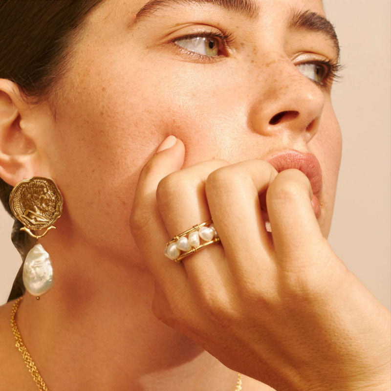 Style Perlized Bead Studded Open Ring - Gold