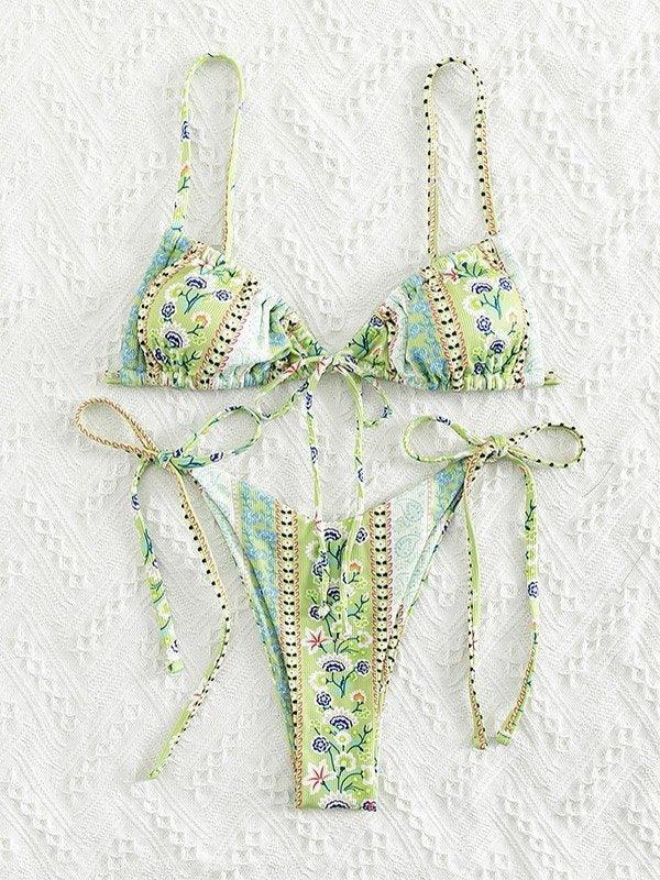 Ethnic Floral Lace Up Bikini Set