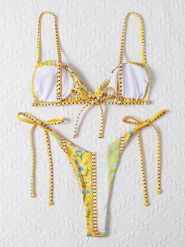 Ethnic Floral Lace Up Bikini Set