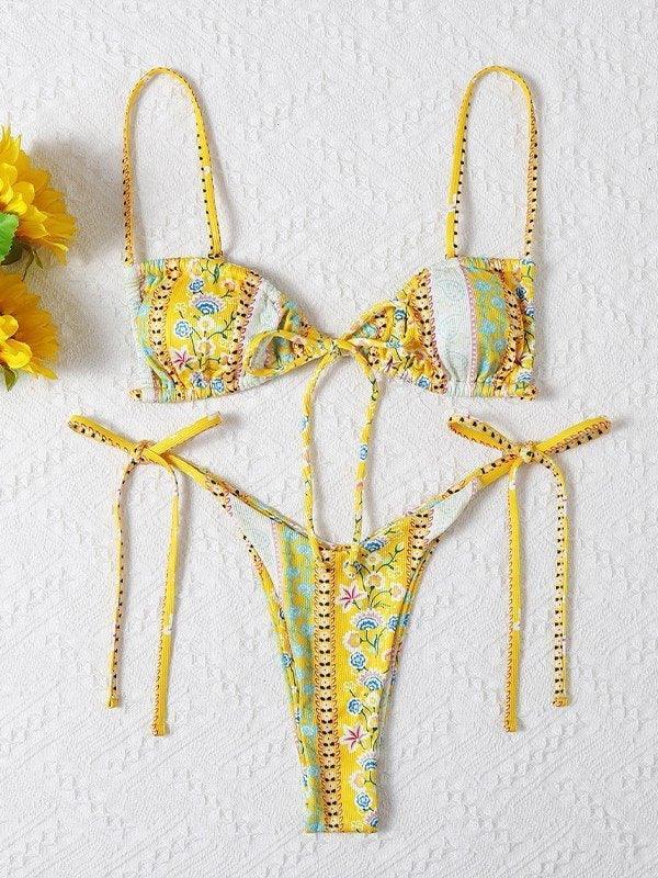 Ethnic Floral Lace Up Bikini Set