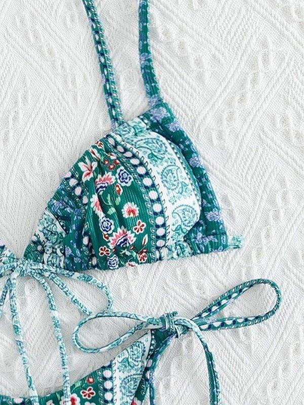 Ethnic Floral Lace Up Bikini Set