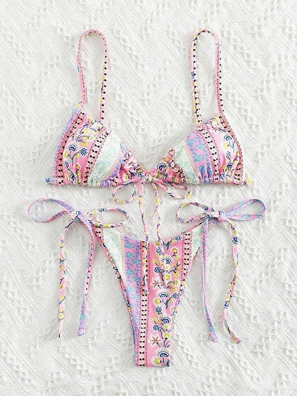 Ethnic Floral Lace Up Bikini Set