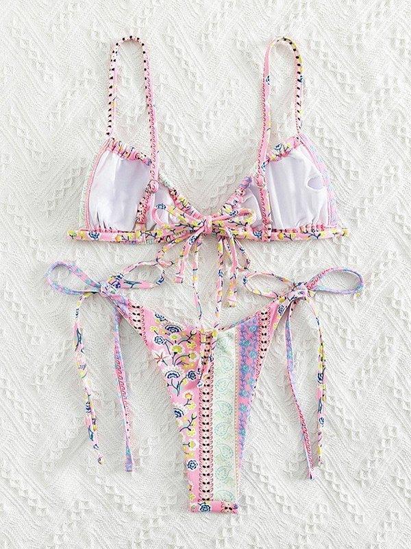 Ethnic Floral Lace Up Bikini Set