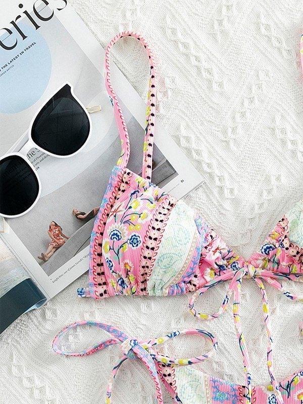 Ethnic Floral Lace Up Bikini Set