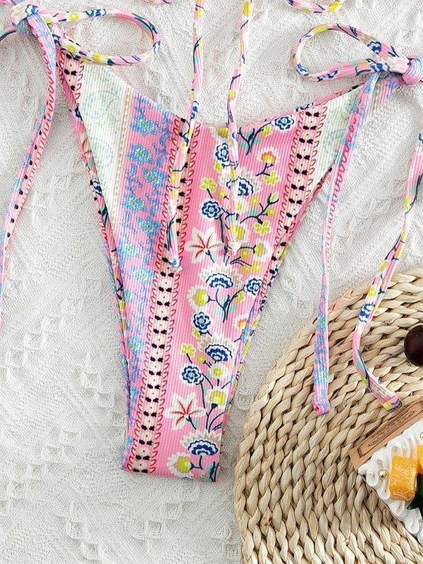 Ethnic Floral Lace Up Bikini Set