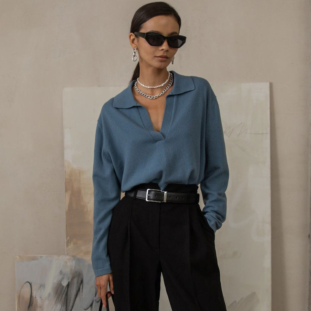 Fabulous Solid Color V Neck Long Sleeve Sweater - Blue