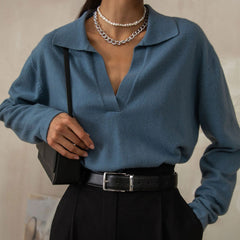 Fabulous Solid Color V Neck Long Sleeve Sweater - Blue