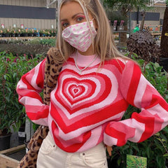 Printed High Neck Pullover Sweater - Pink