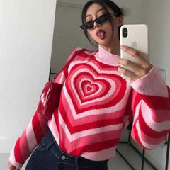 Printed High Neck Pullover Sweater - Pink
