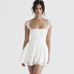 Floral Lace Ruched Tie Back Cap Sleeve Square Neck Mini SunDresses - White