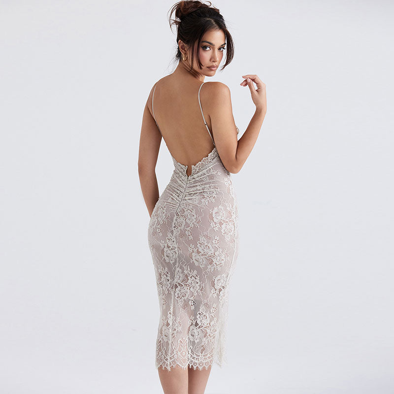 Floral Lace Ruched Trim Open Back Bodycon Slip Cocktail Midi Dresses - White