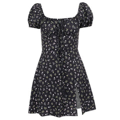 Floral Print Ruched Tie Front Split Trim Puff Sleeve Mini SunDresses - Black