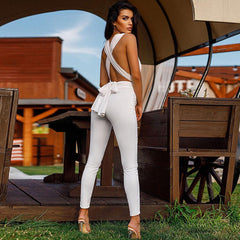 Crisscross Self Tie Deep V Neck Jumpsuit - White