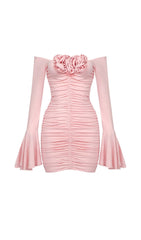 FLOWER-EMBELLISHED RUCHED MINI DRESS IN COTTON CANDY