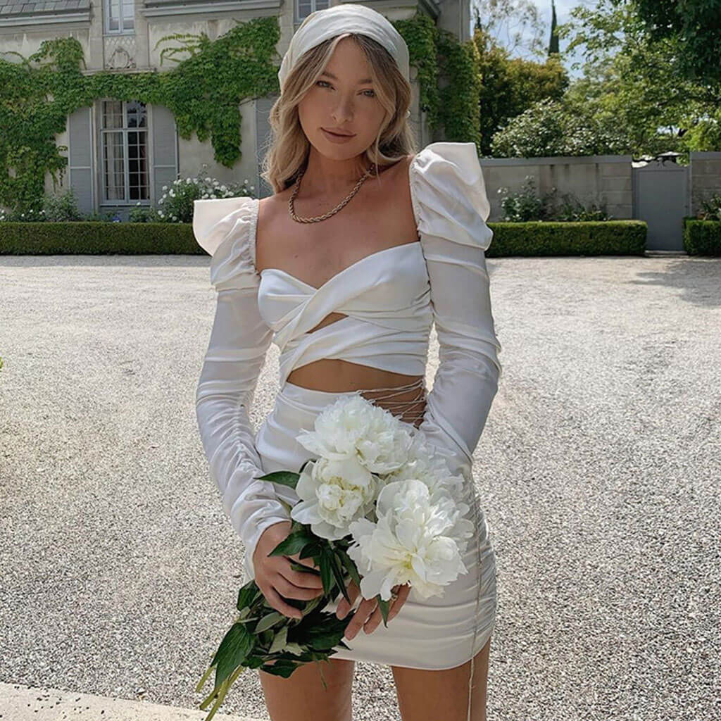 Cut Out Puff Sleeve Lace Up Rhinestone Satin Mini Dresses - White