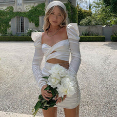 Cut Out Puff Sleeve Lace Up Rhinestone Satin Mini Dresses - White