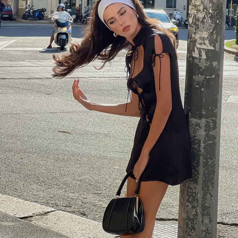 Cut Out Tie Front Mock Neck Short Sleeve Mini Dresses - Black