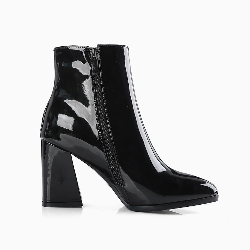 Effect Pointed Toe Chunky Heel Ankle Boots - Black