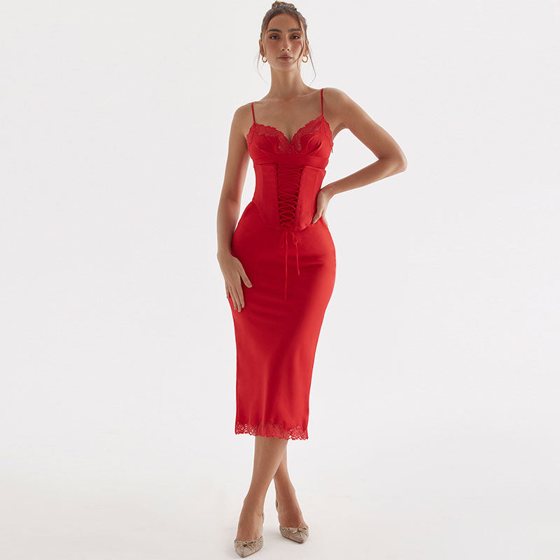 Fishtail Lace Up Belted Lace Trim Bodycon Slip Midi Dresses - Red