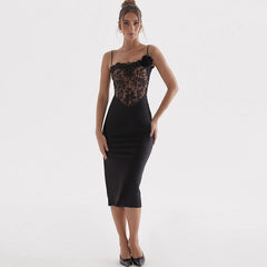 Floral Lace Corset Bodycon Slip Cocktail Midi Dresses - Black