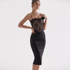 Floral Lace Corset Bodycon Slip Cocktail Midi Dresses - Black