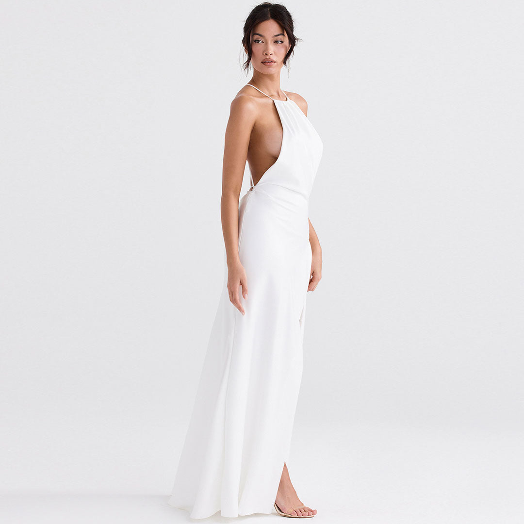 High Split Sleeveless Evening Maxi Dresses - White