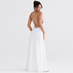 High Split Sleeveless Evening Maxi Dresses - White