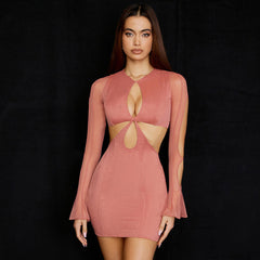 Round Neck Long Sleeve Cut Out Bodycon Mini Dresses - Coral Pink