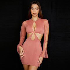 Round Neck Long Sleeve Cut Out Bodycon Mini Dresses - Coral Pink