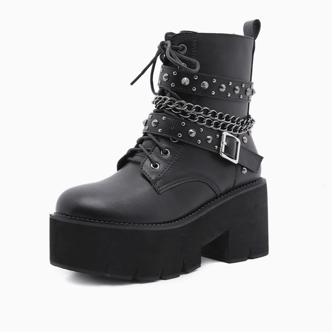 Studs Buckle Strap Chain-Link Platform Boots - Black