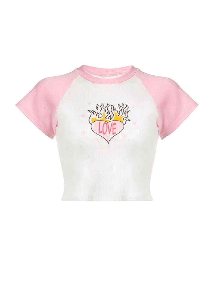Heart Print Raglan Short Sleeve Tee