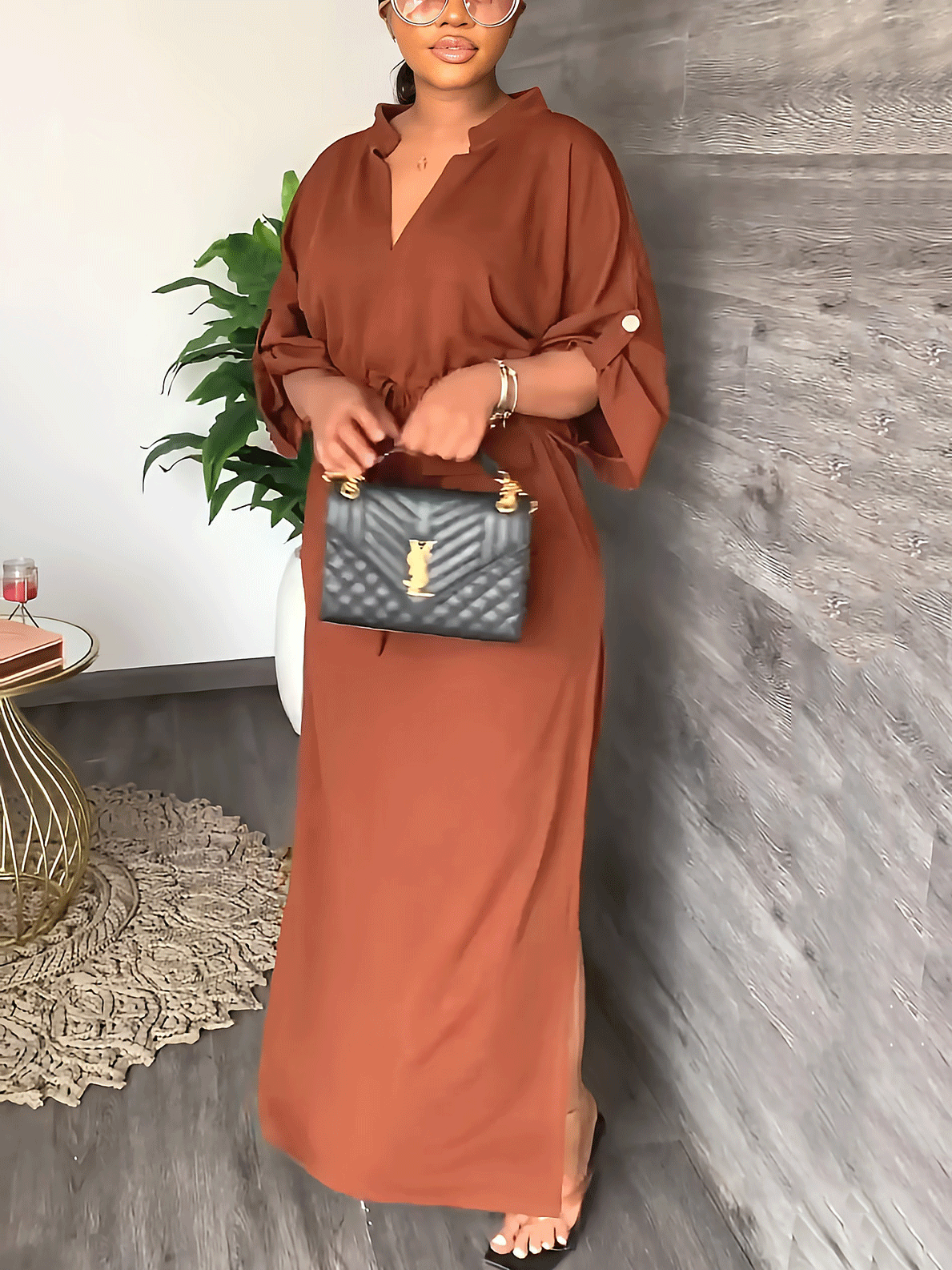 V-neck Split Maxi Dresses