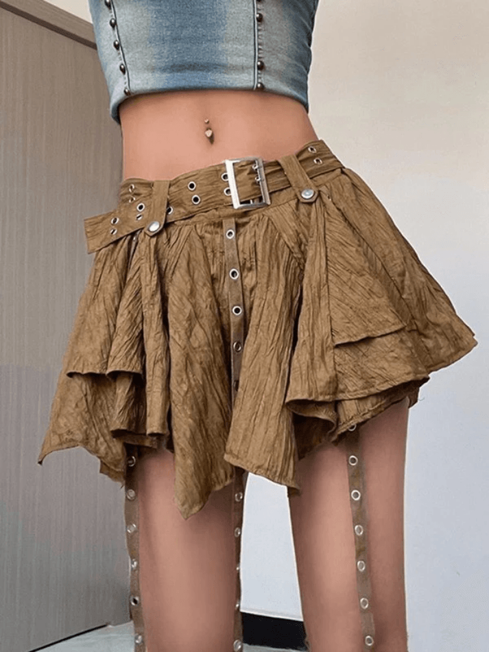 Irregular Buckle Belted Mini Skirt