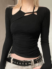 Irregular Cutout Black Long Sleeve Top