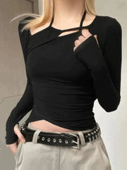 Irregular Cutout Black Long Sleeve Top